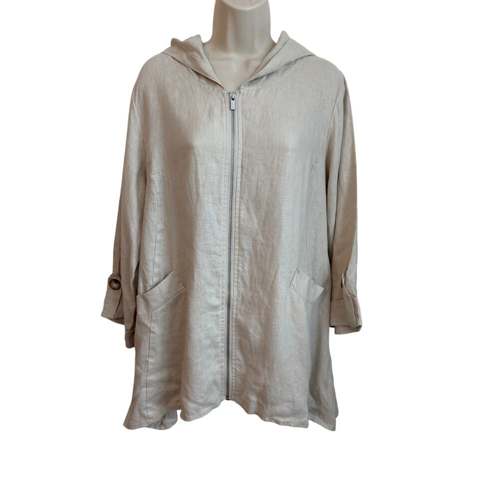 For Cynthia Poncho Jacket 100% Linen Oatmeal 3/4 Sleeve Womens (M) Zip Lagenlook